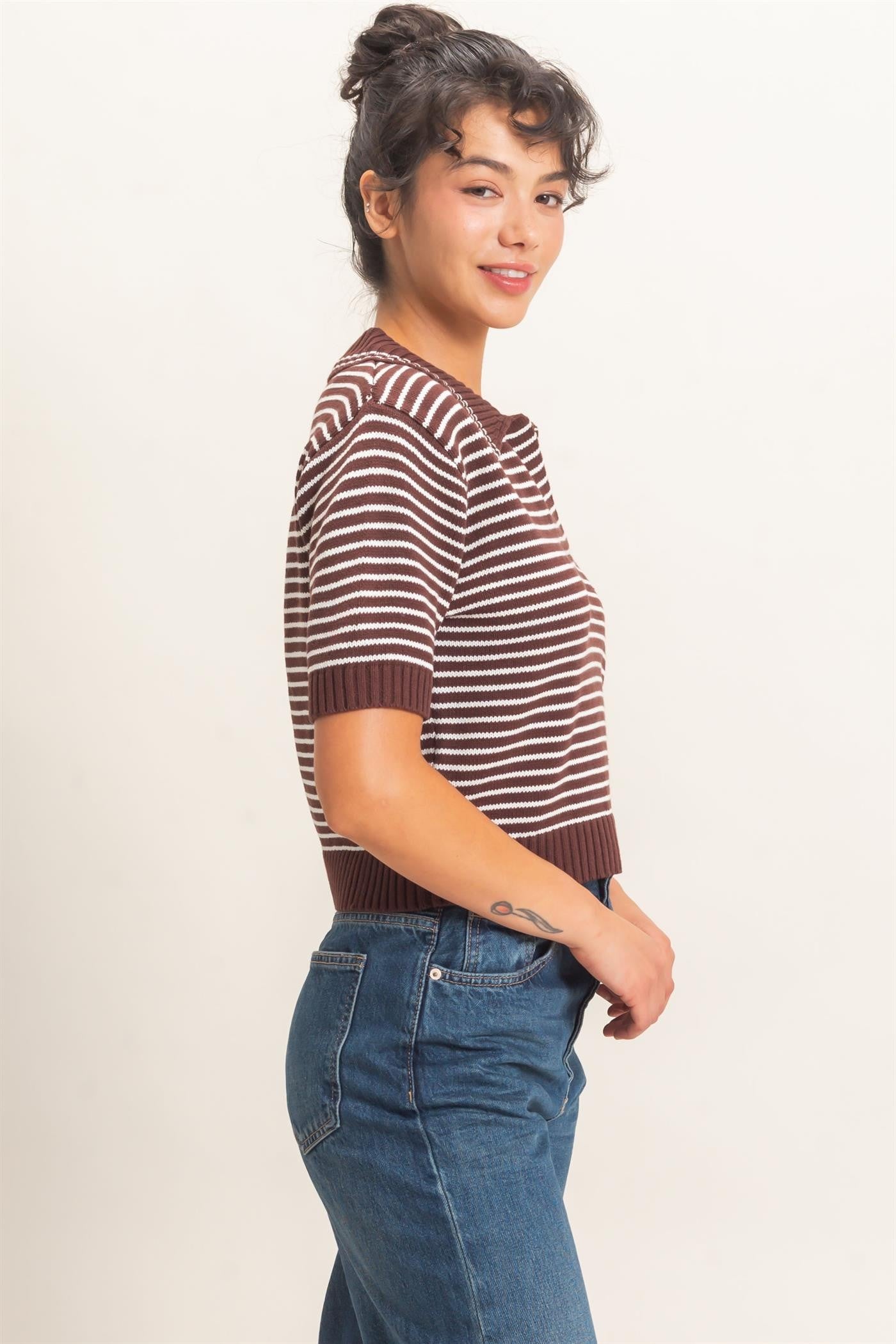 Allison Striped Sweater Collar Knit Top