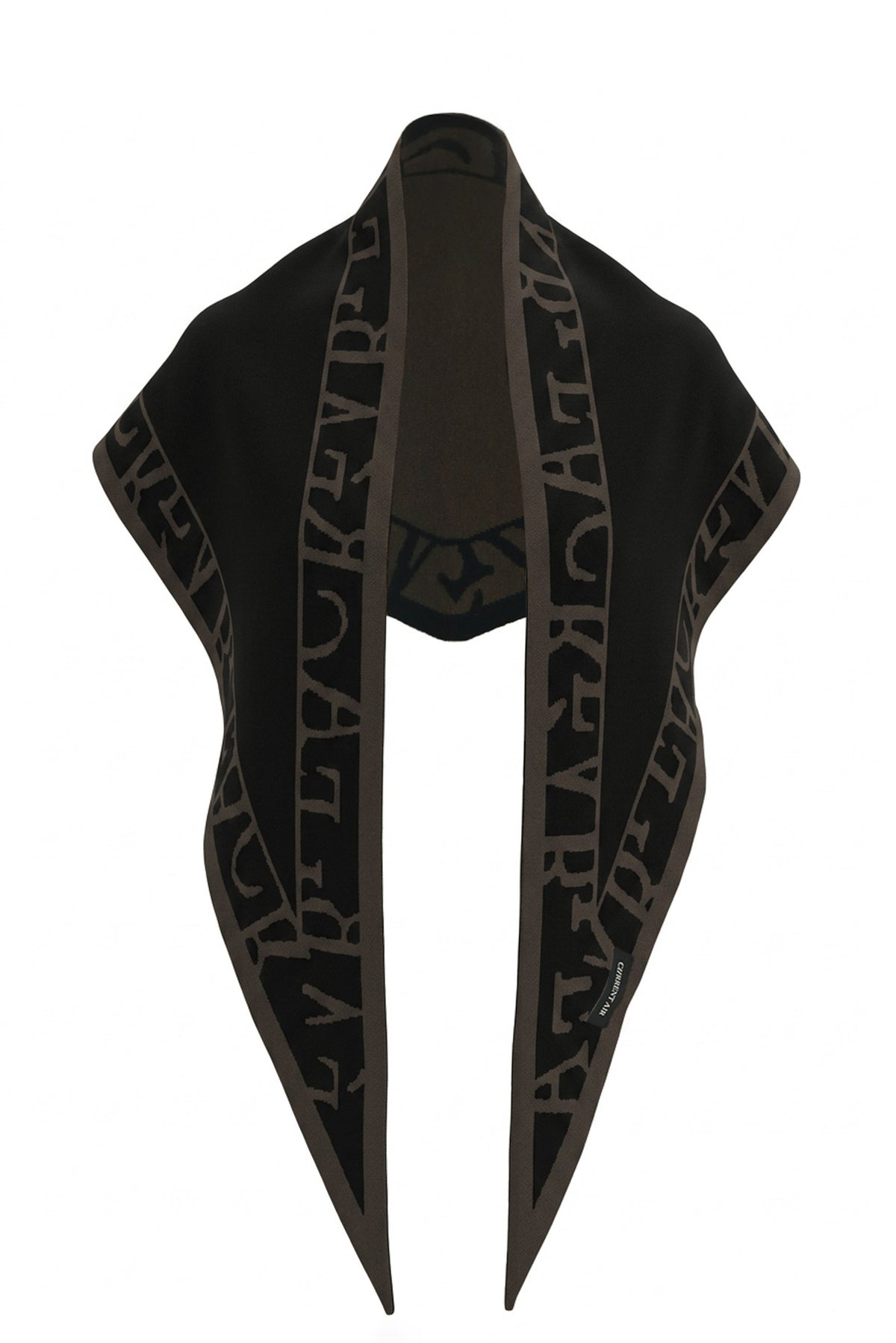 A cozy knit triangle scarf featuring reversible color blocking and stylish lettering details for a versatile cold-weather accessory.

