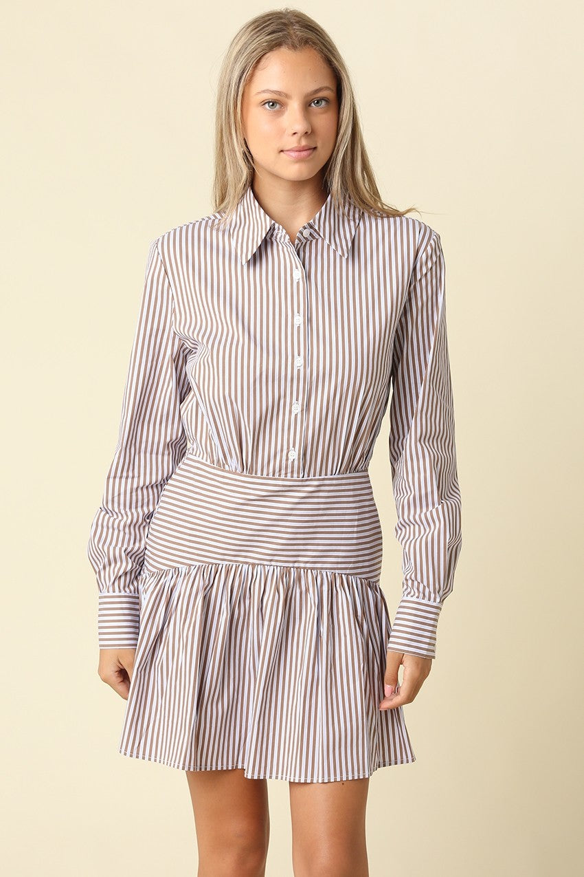 A polished striped shirt dress featuring a classic button-front bodice, fitted drop waist, and gathered flared mini skirt for a feminine silhouette.

