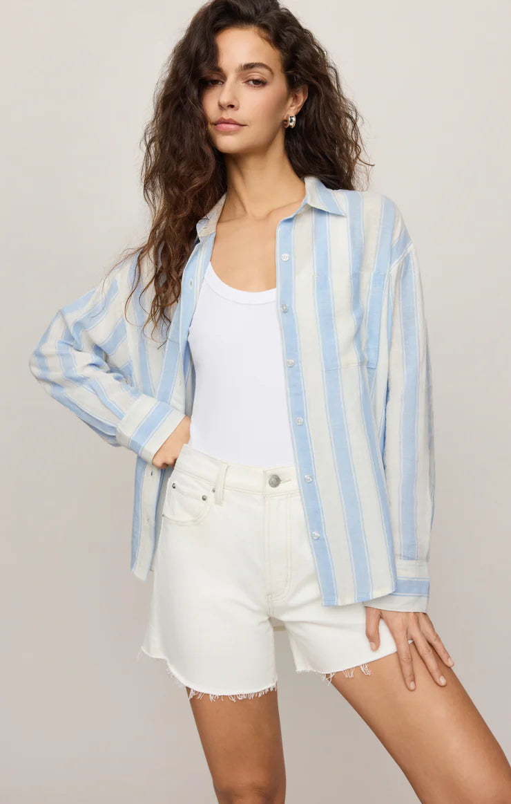 striped linen-blend button-up designed with a lightweight feel and relaxed silhouette