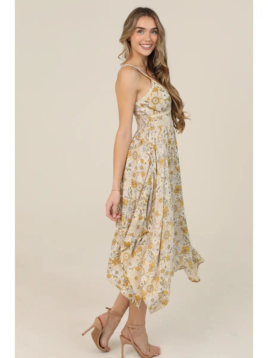 Retro daisy print lace trim midi dress