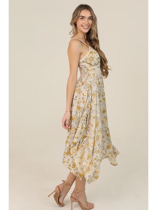 Retro daisy print lace trim midi dress