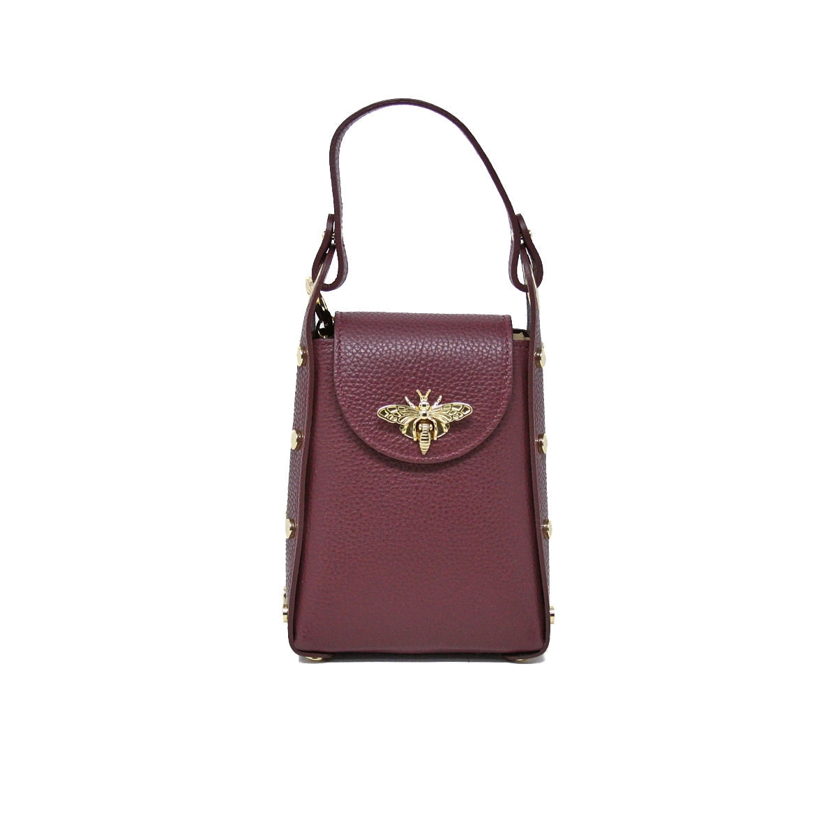 Maroon handbag with gold bee emblem on a white background