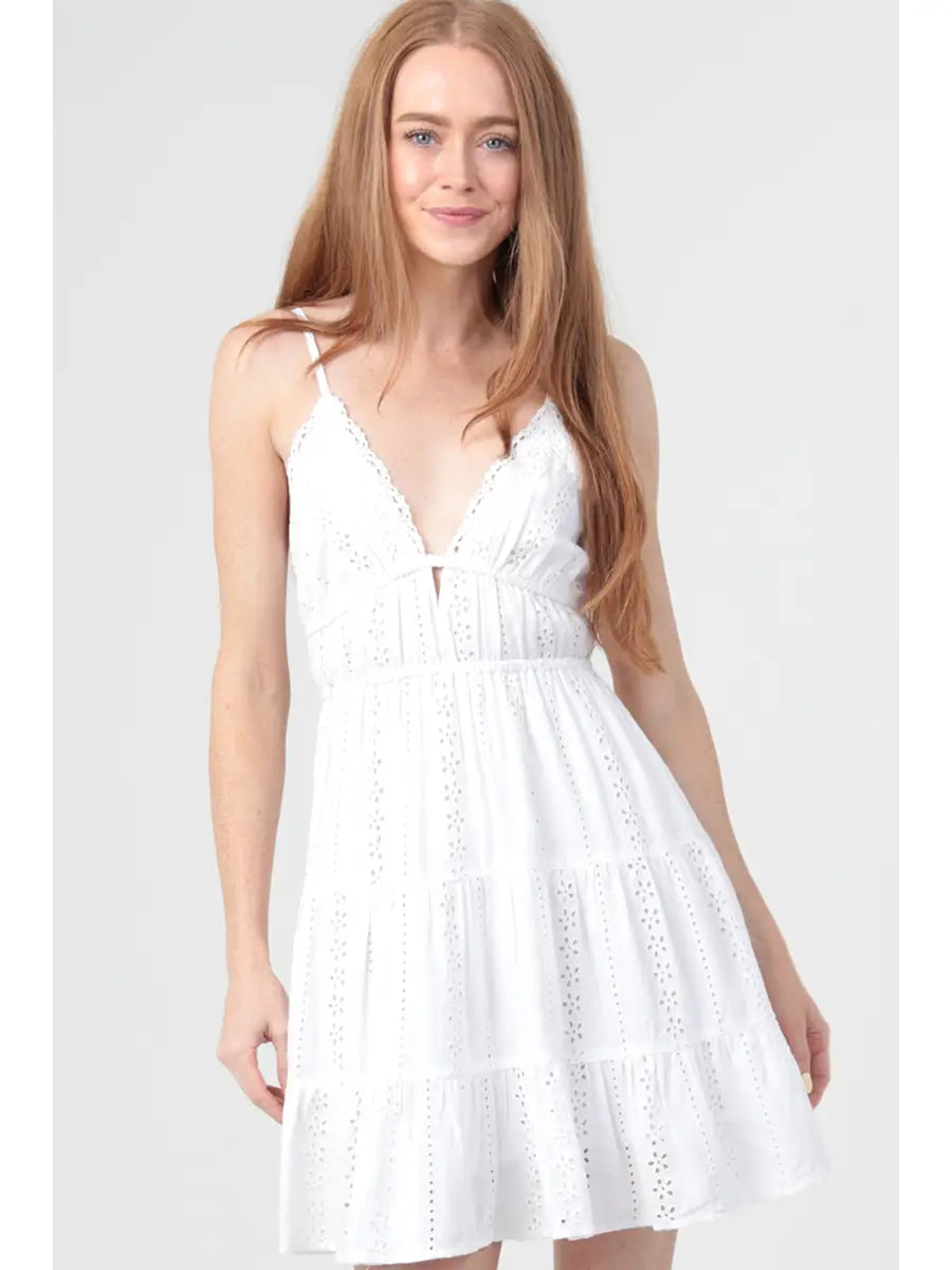 Eyelet embroidered mini dress with lace trim and an open tie back