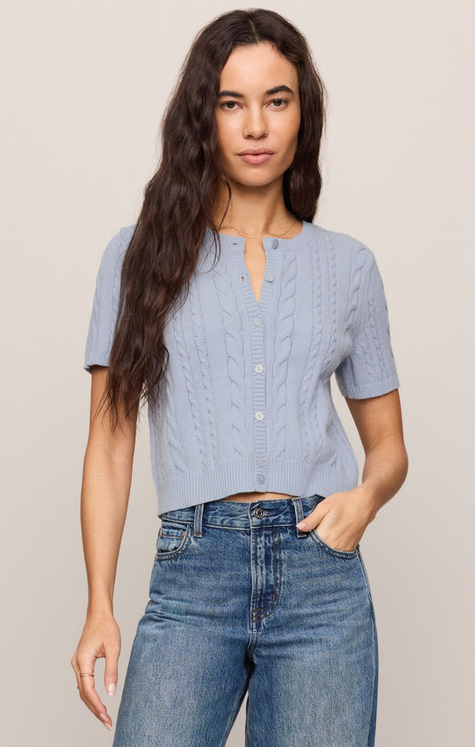 front cable knit button-front top featuring a classic crew neckline and short sleeve