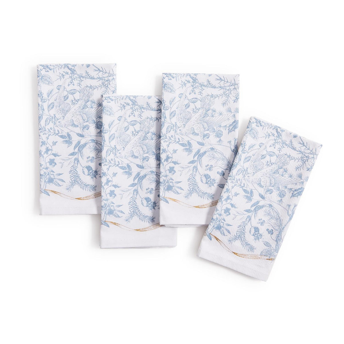 Set of four floral-patterned napkins on a white background