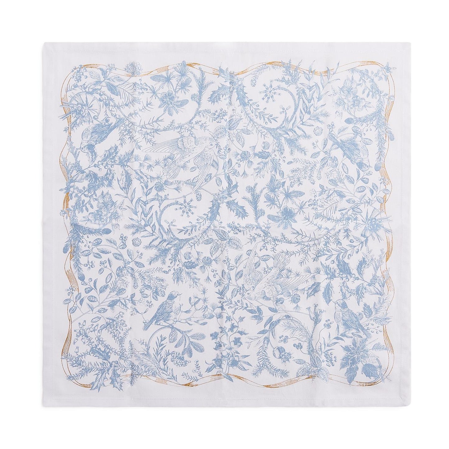 A square white napkin with a delicate blue floral and bird toile pattern and a scalloped edge accented by thin gold lines, shown flat against a white background.