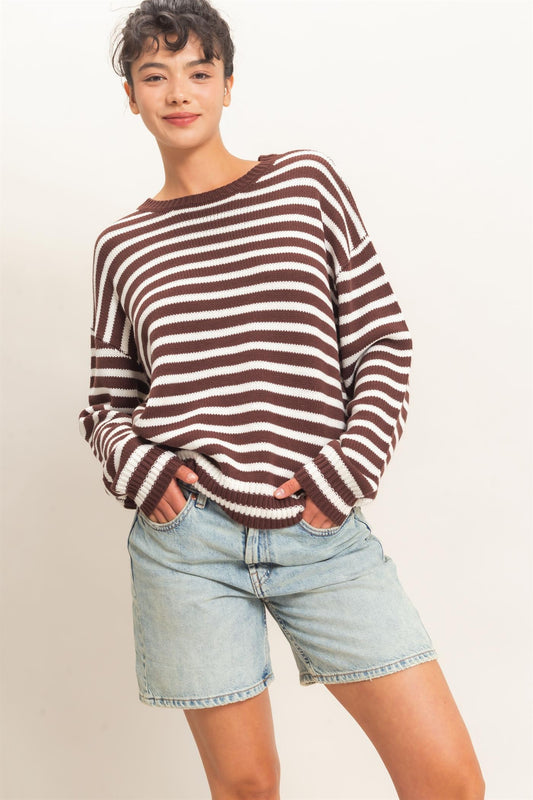 A timeless striped knit sweater featuring a classic crew neckline and relaxed fit for effortless everyday style.