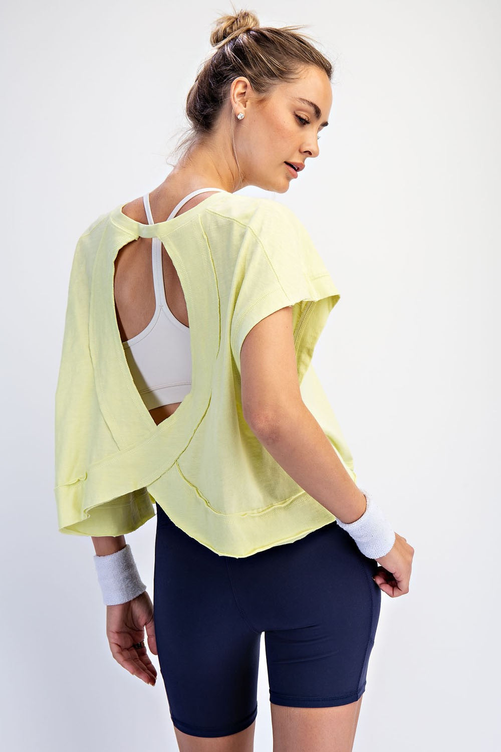 Oversized cotton slub cropped short sleeve top with open back detail