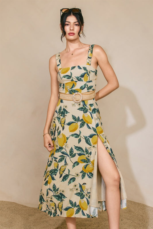 Vintage lemon print midi dress with rattan belt