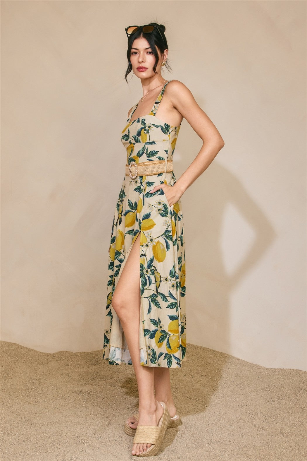 Vintage lemon print midi dress with rattan belt