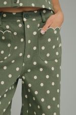 Playful polka dot wide-leg pants featuring scalloped embroidered trim and a polished button-front closure for a feminine, elevated look.