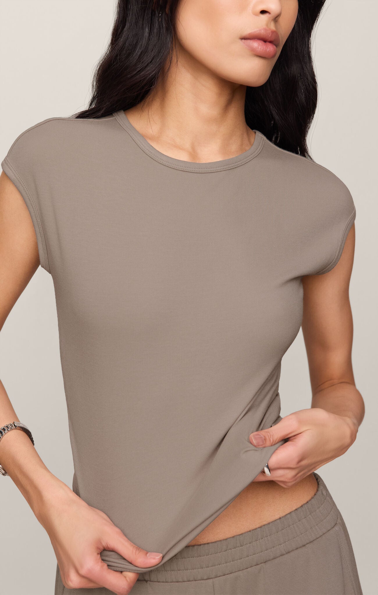 ultra-soft second skin baby rib tee featuring a classic crew neckline and flattering fitted silhouette for effortless everyday style.
