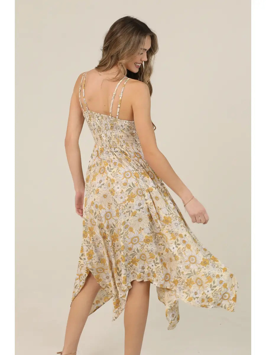 Retro daisy print lace trim midi dress