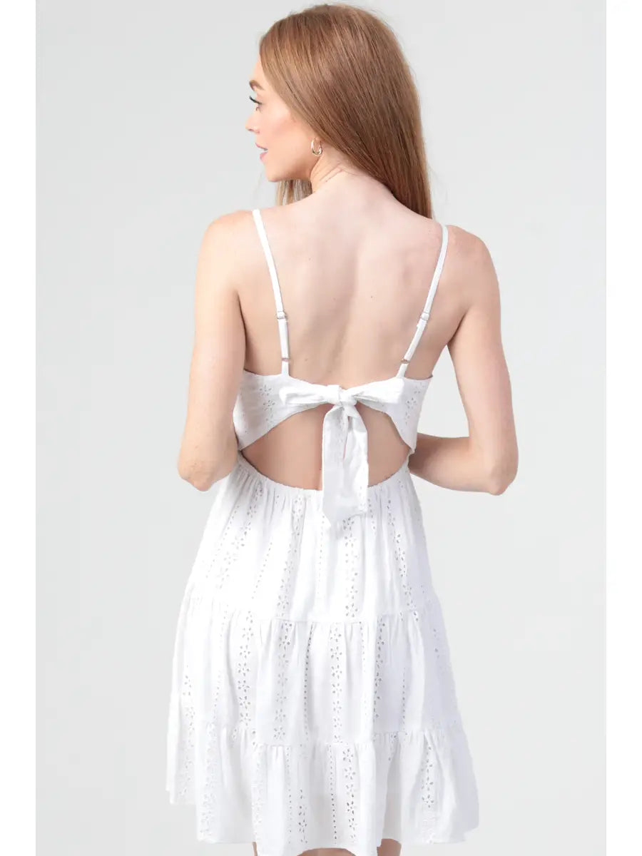 Eyelet embroidered mini dress with lace trim and an open tie back