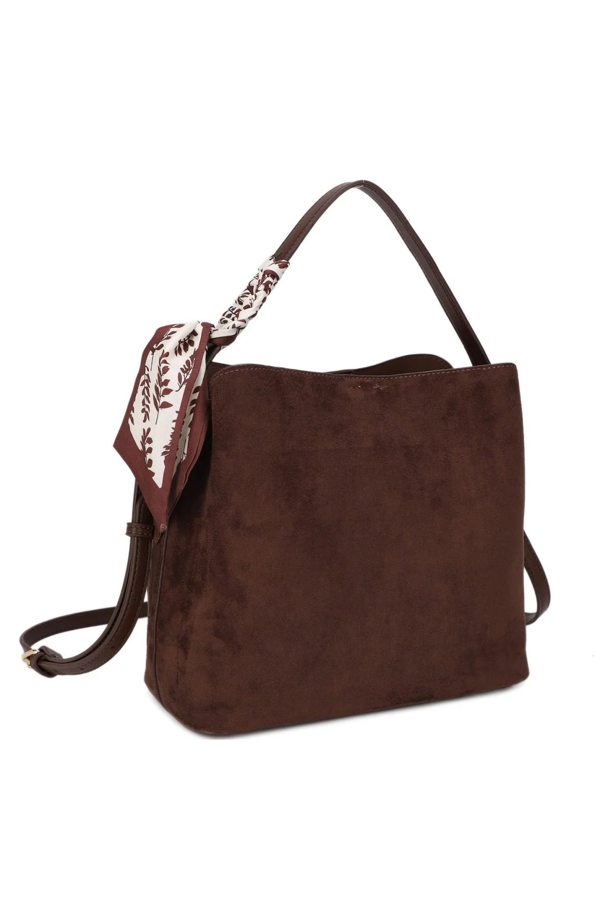 A chic vegan suede shoulder bag featuring a printed scarf accent, contrasting trim, and versatile strap options for an effortlessly polished look.

