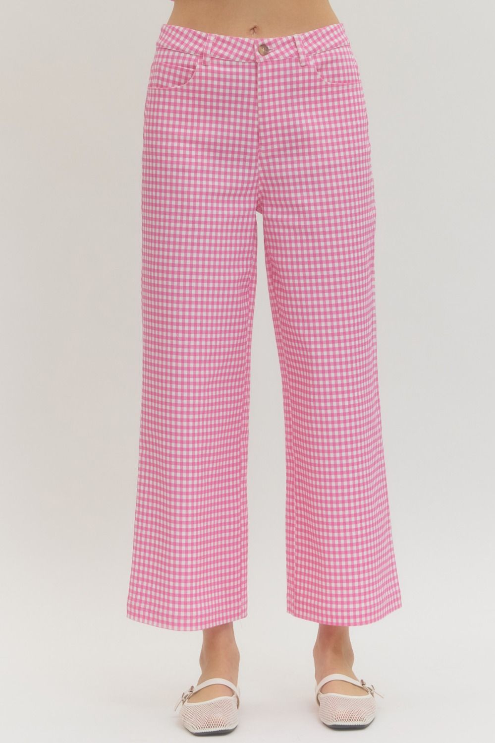 Lightweight gingham straight-leg pants with button front, zip-fly, and functional pockets