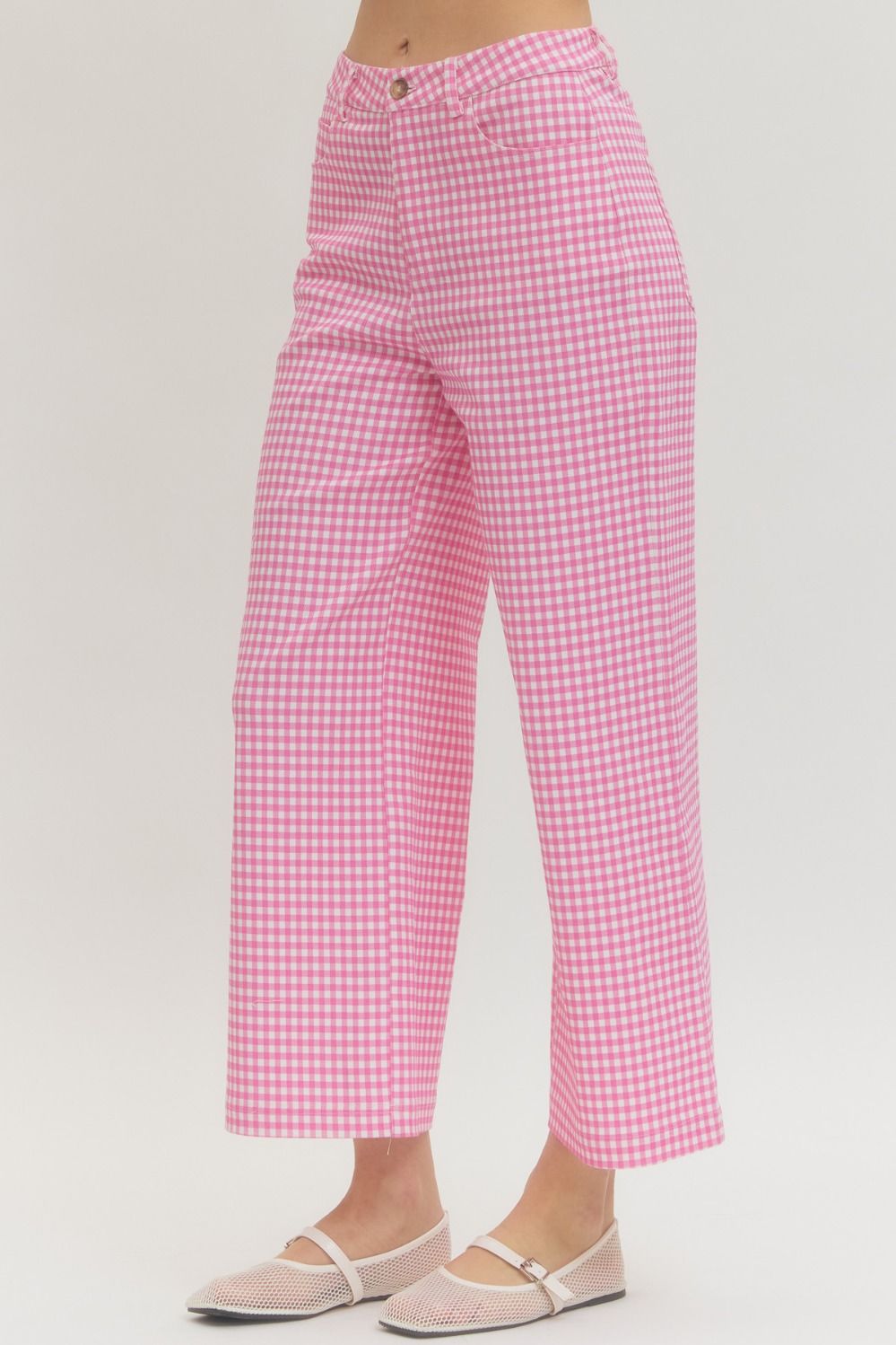 Lightweight gingham straight-leg pants with button front, zip-fly, and functional pockets
