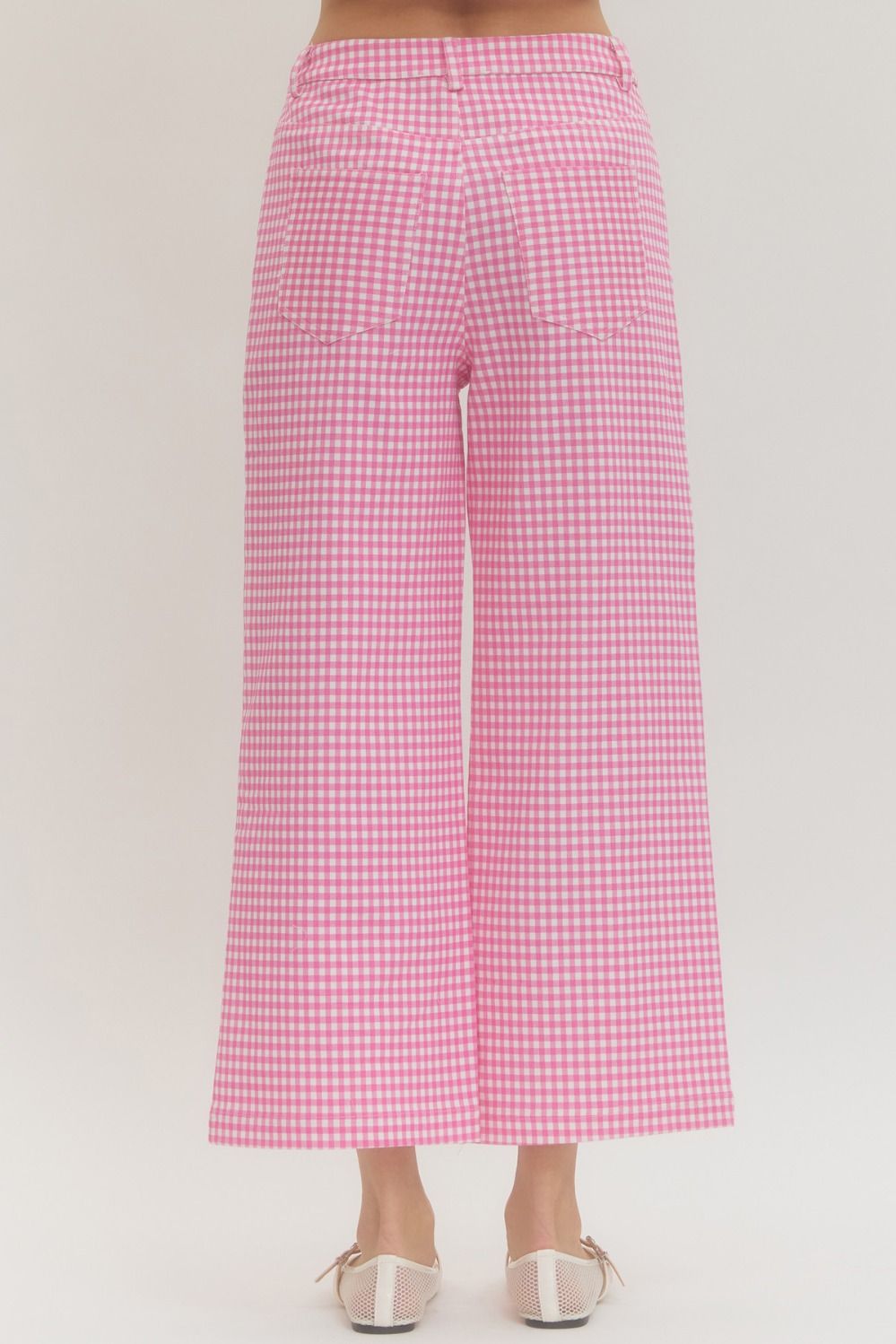 Lightweight gingham straight-leg pants with button front, zip-fly, and functional pockets