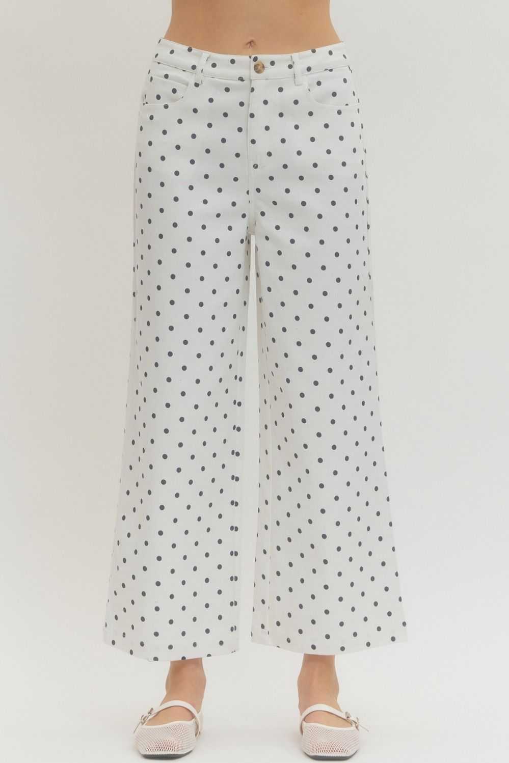 wide-leg pants with polka dot print, button and zip-fly closure, and functional pockets