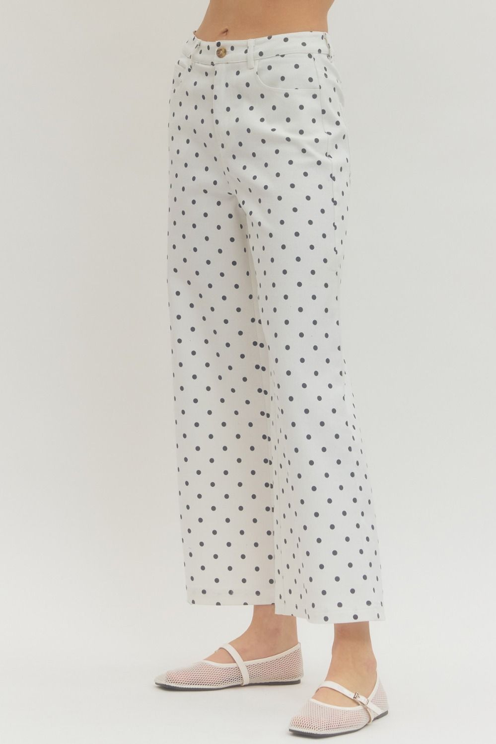 wide-leg pants with polka dot print, button and zip-fly closure, and functional pockets