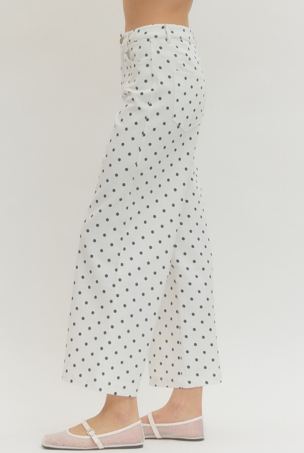 wide-leg pants with polka dot print, button and zip-fly closure, and functional pockets