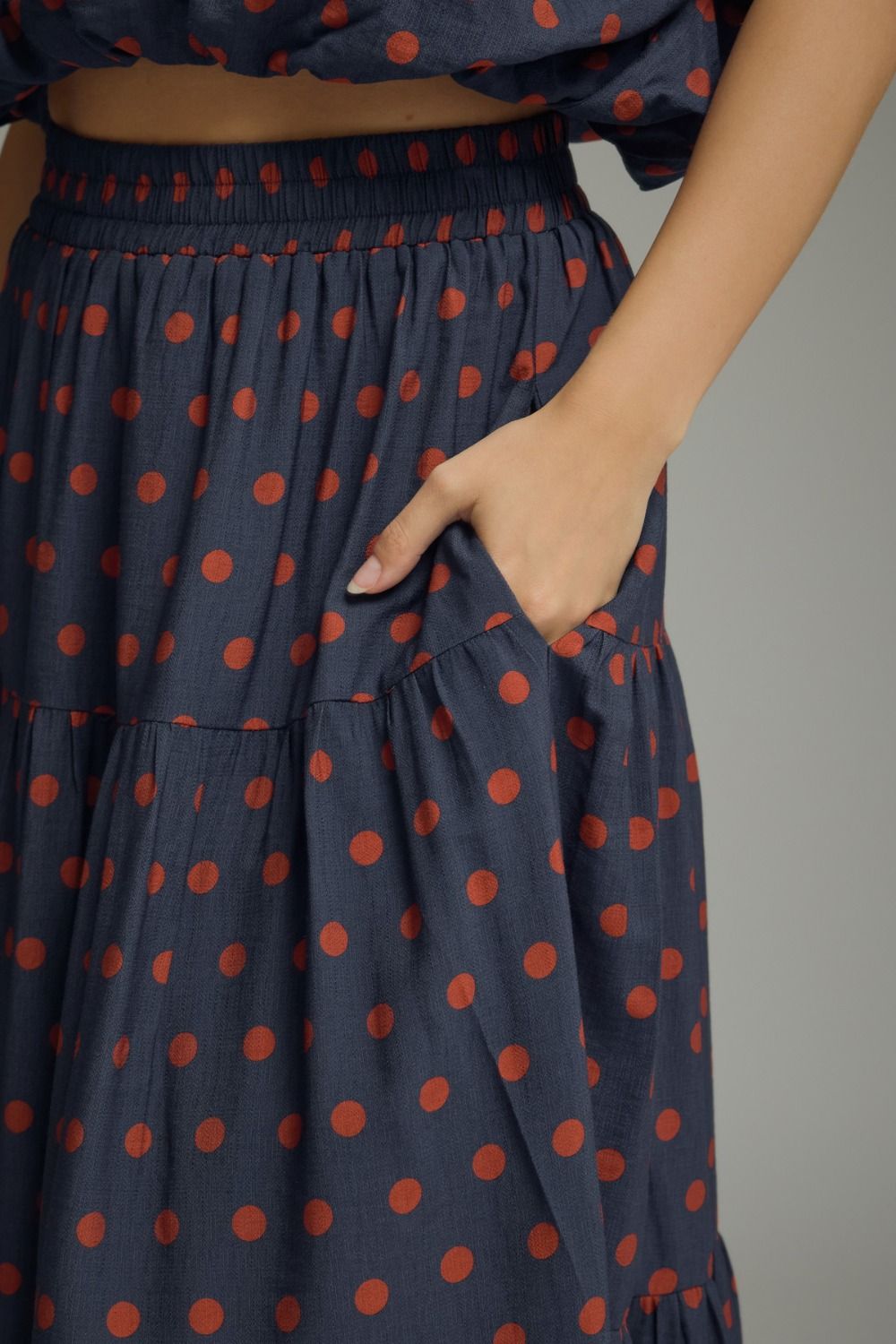 Delaney Polka Dot Ruffle Midi Skirt