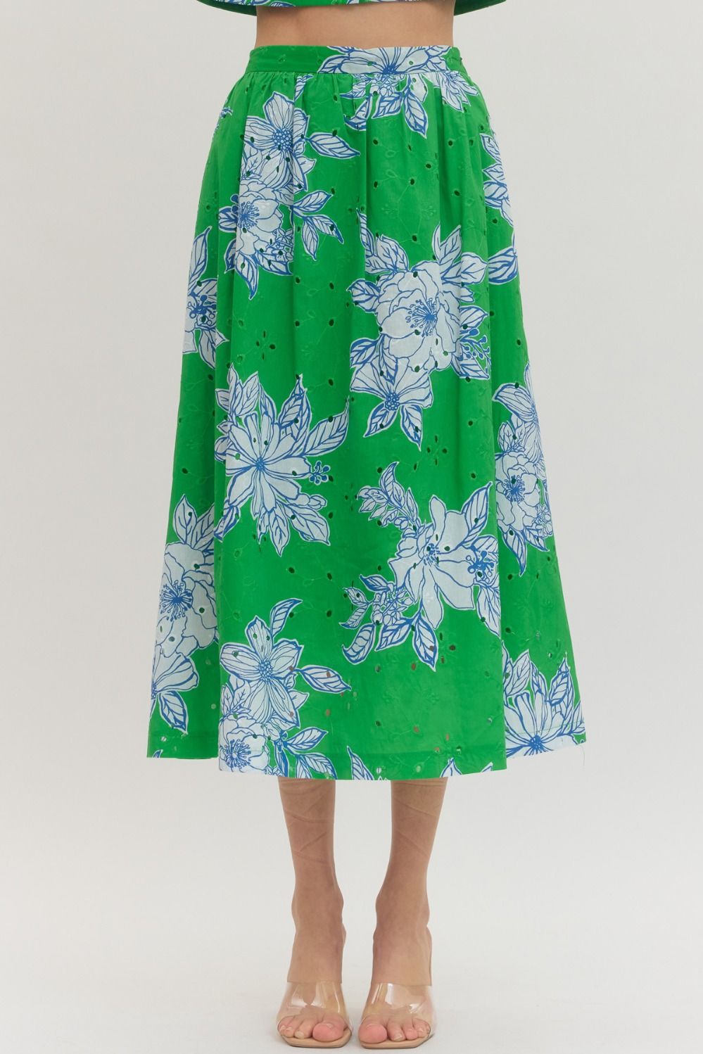 cotton midi skirt with botanical eyelet print, elastic back waistband, and side pockets