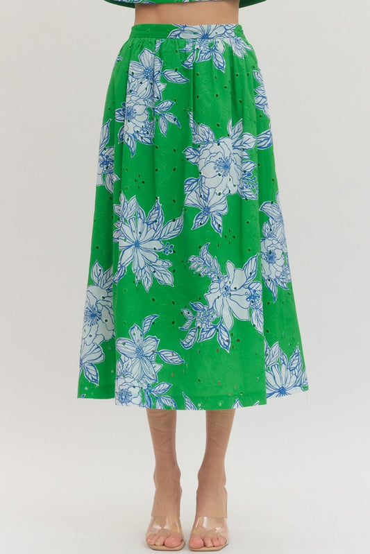 cotton midi skirt with botanical eyelet print, elastic back waistband, and side pockets