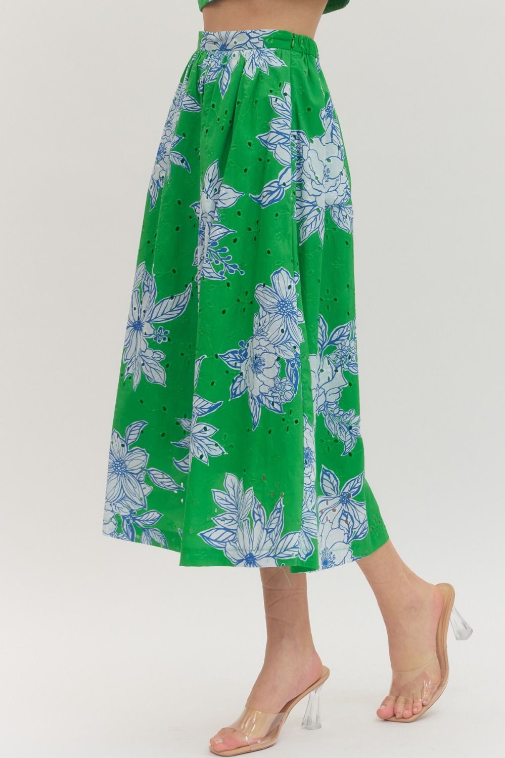 cotton midi skirt with botanical eyelet print, elastic back waistband, and side pockets