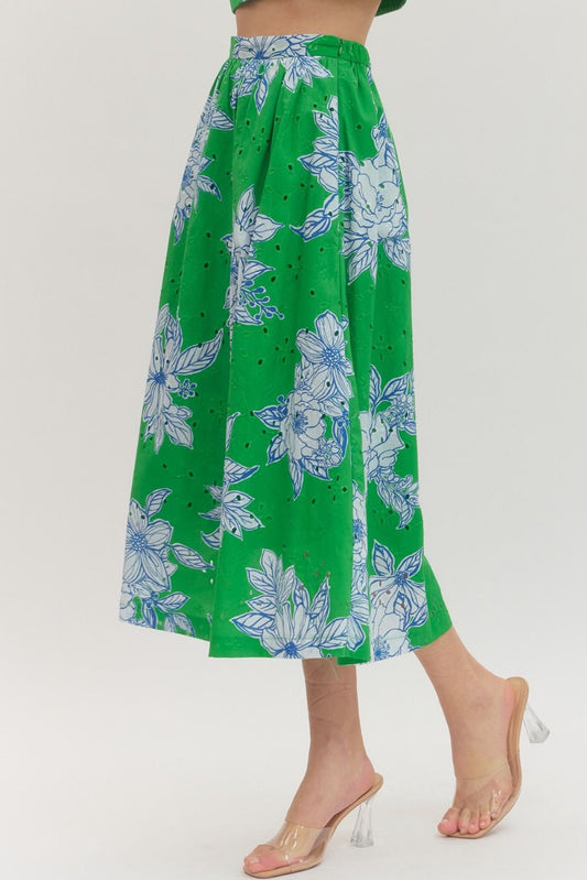 cotton midi skirt with botanical eyelet print, elastic back waistband, and side pockets