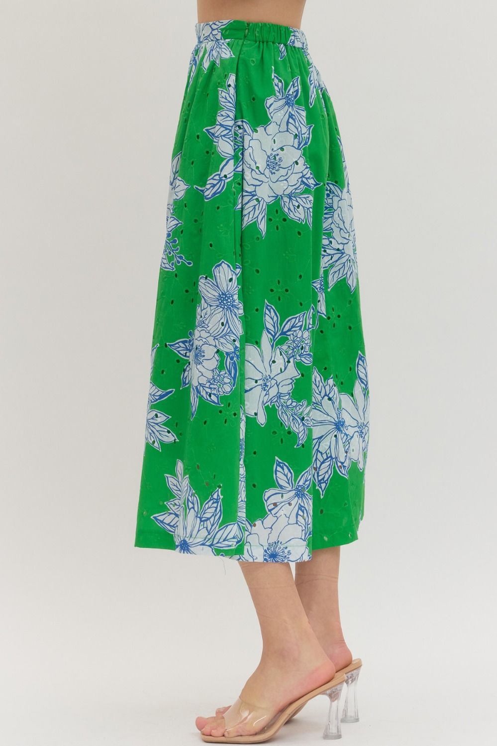 cotton midi skirt with botanical eyelet print, elastic back waistband, and side pockets