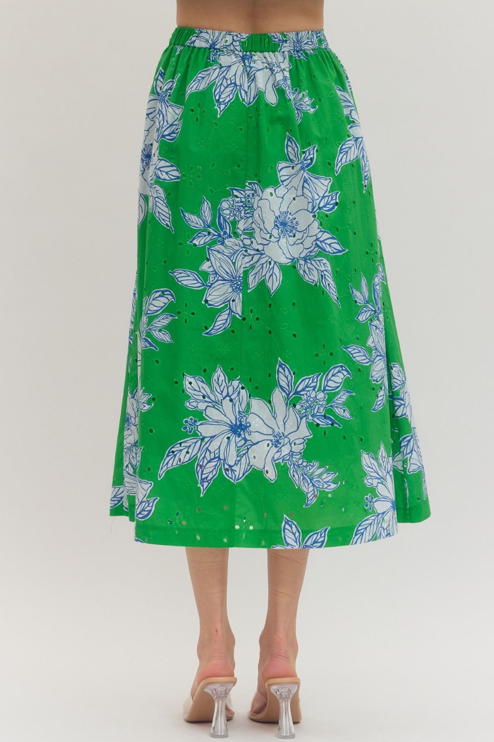 cotton midi skirt with botanical eyelet print, elastic back waistband, and side pockets