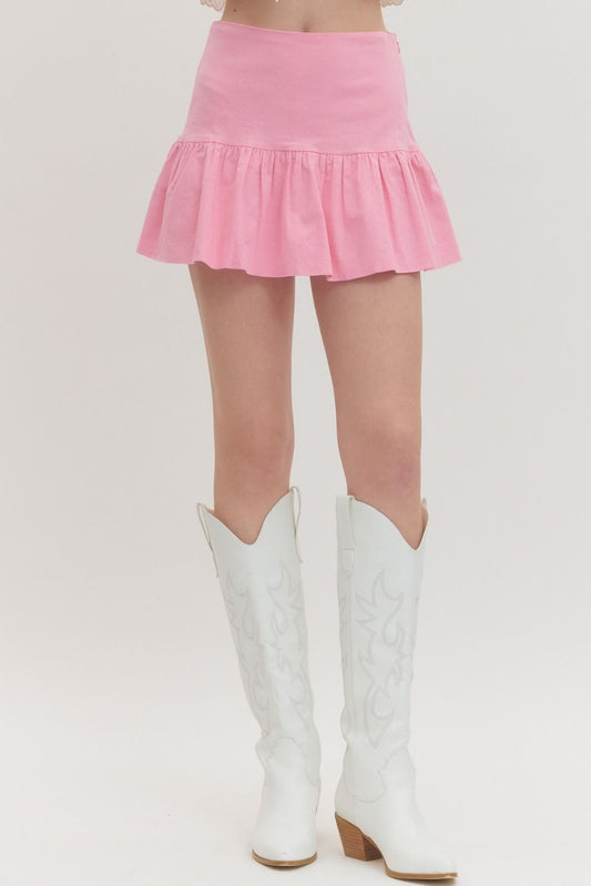 high-waist skirt with ruffle hem, side zipper, and built-in shorts lining