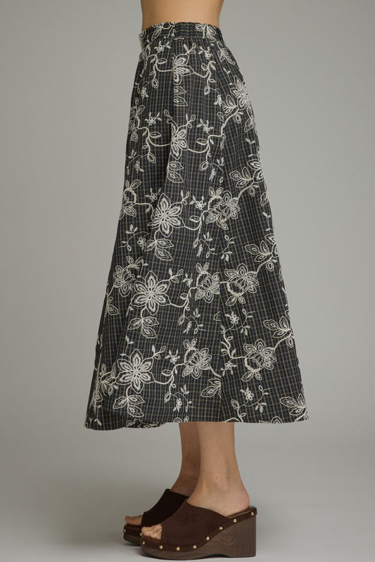 Henrietta Embroidered Plaid Midi Skirt