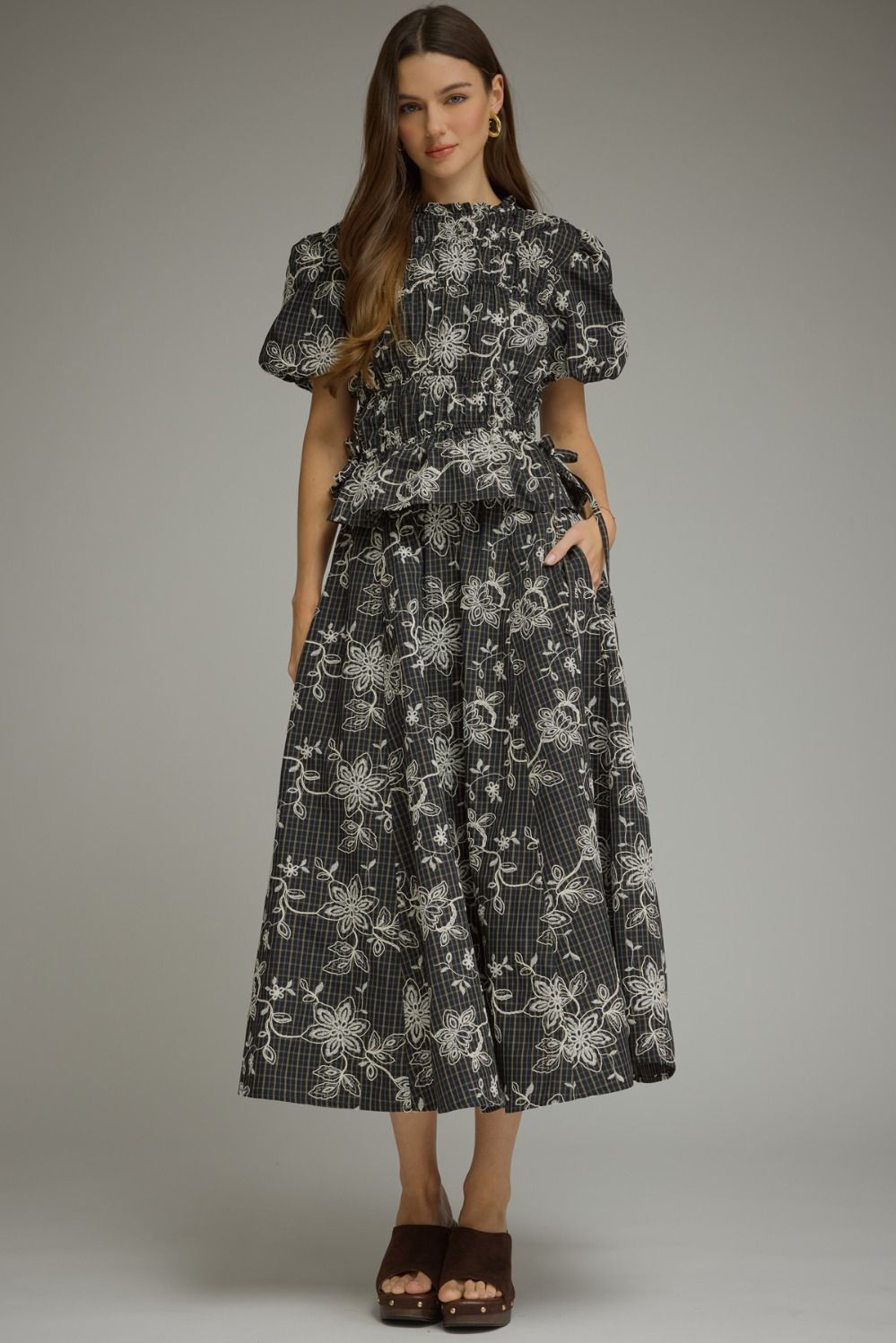 Henrietta Embroidered Plaid Midi Skirt
