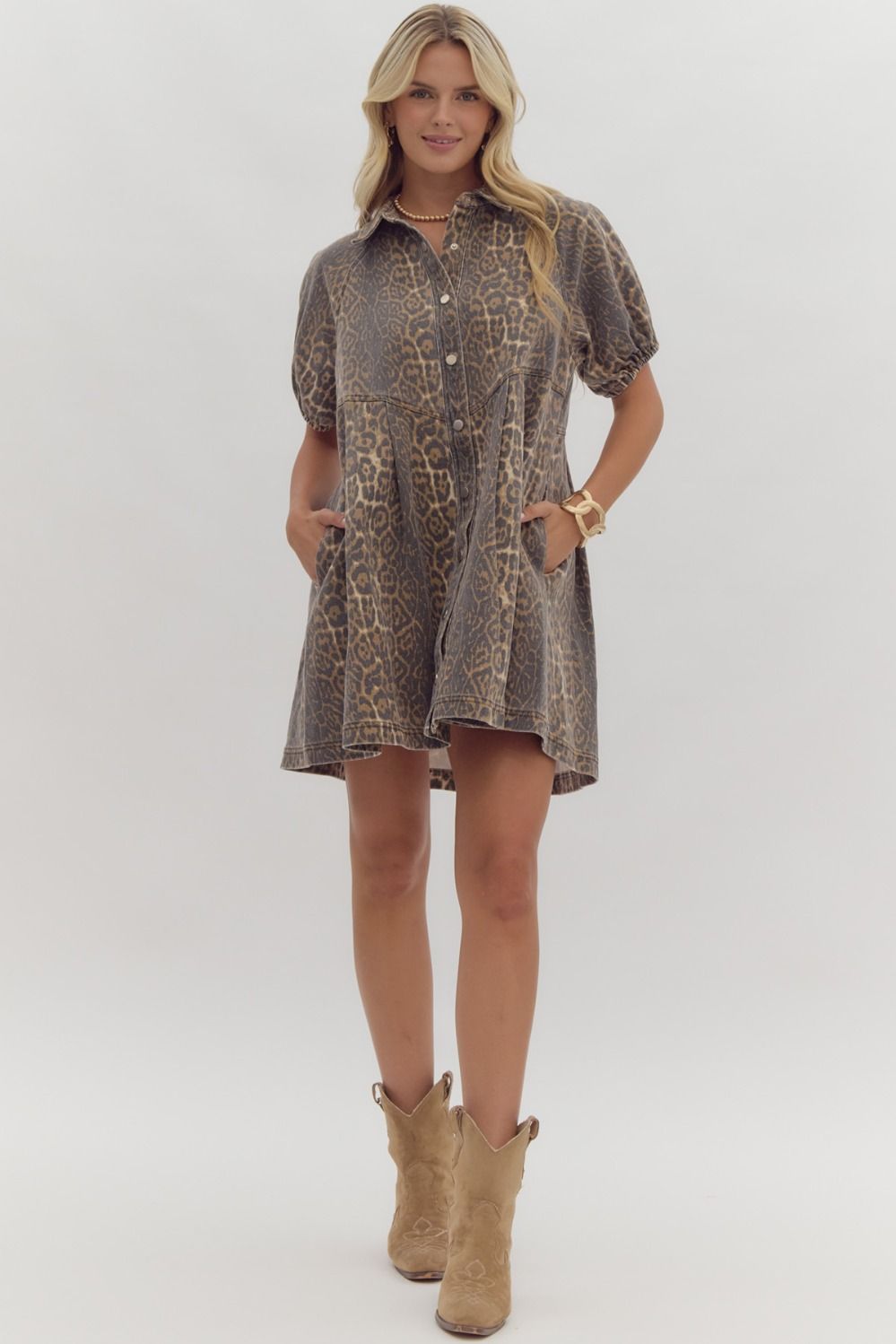  leopard-print denim dress with puff sleeves