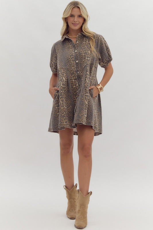  leopard-print denim dress with puff sleeves