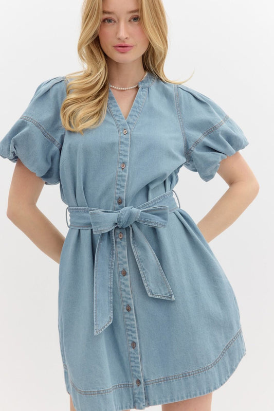 Emma Puff-Sleeve Denim Dress