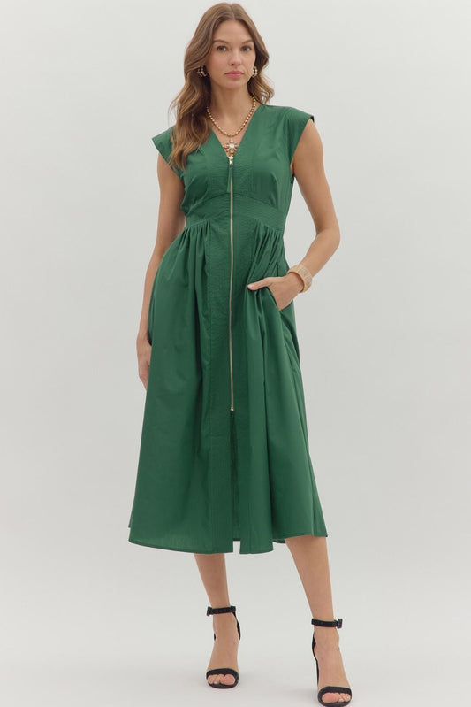 Selene Zip-Front Cap Sleeve Midi Dress
