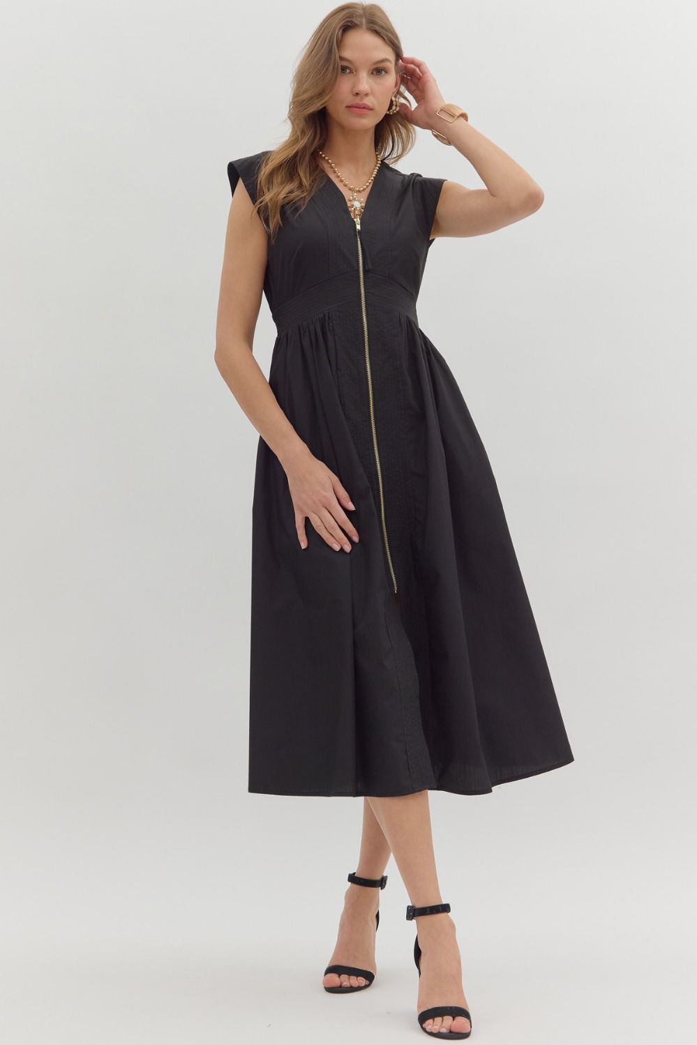Selene Zip-Front Cap Sleeve Midi Dress