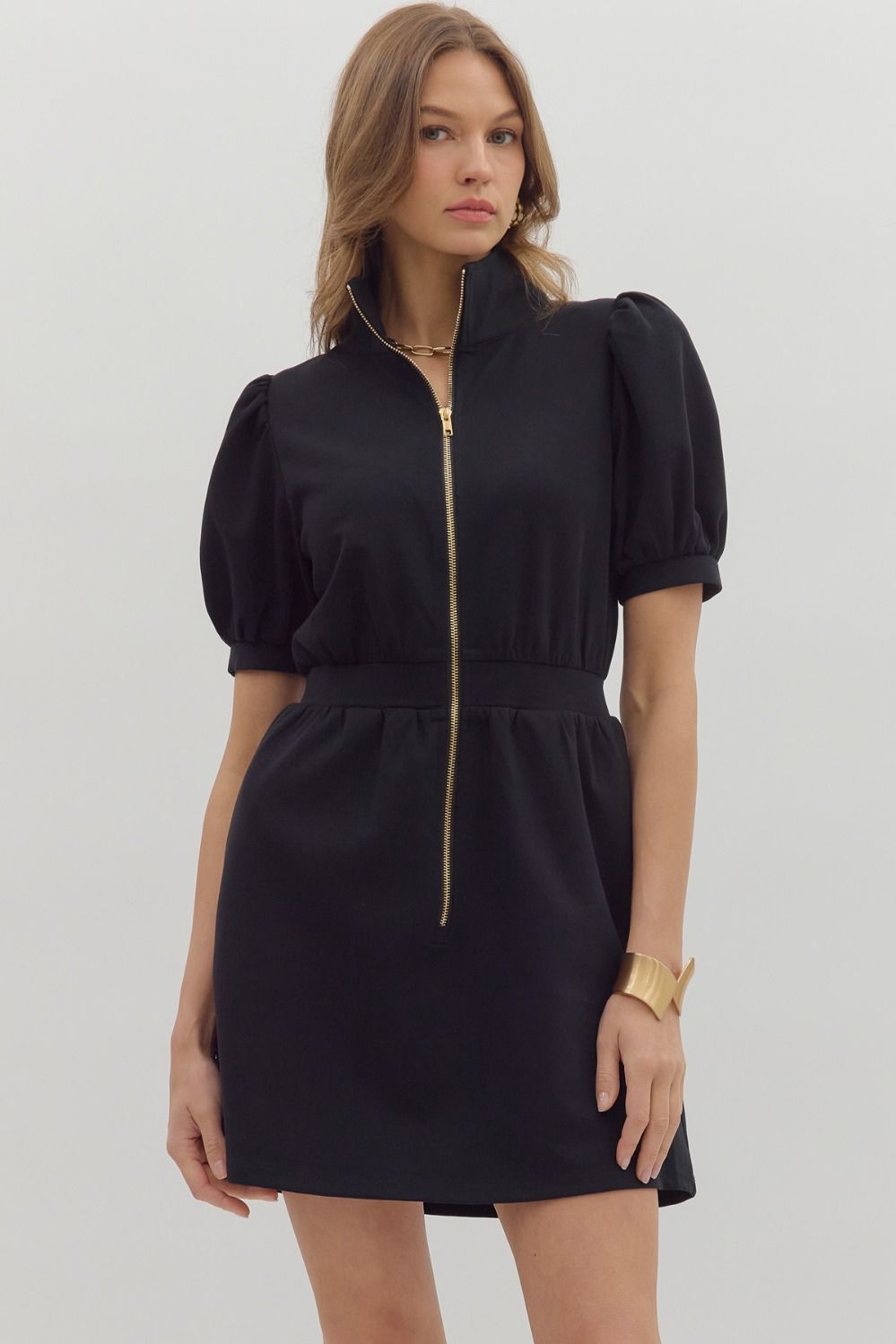 knee length dresses for ladies Puff Sleeve Mini Dress with Zip Front Medium / Black