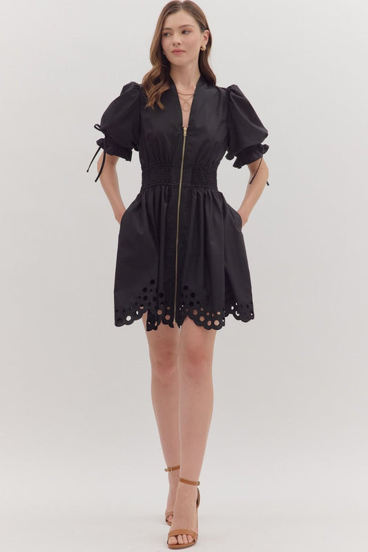 Ivy Puff Sleeve Scallop-Eyelet Mini Dress