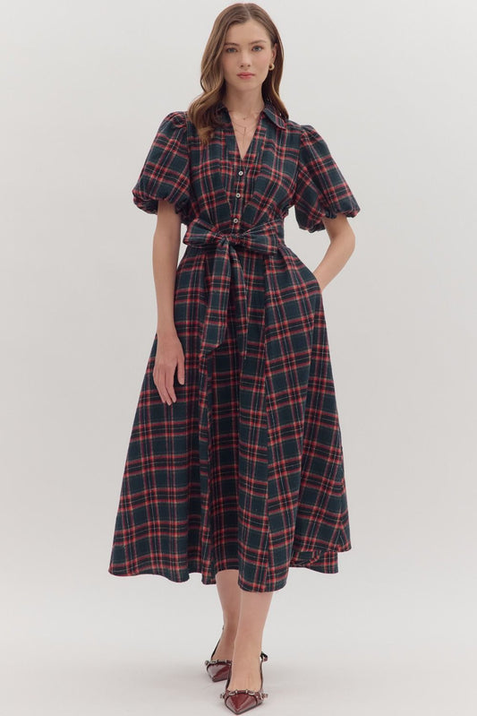 Classic plaid meets modern romance in the Isolde midi dress, complete with puff sleeves, a self-tie belt, and side pockets.