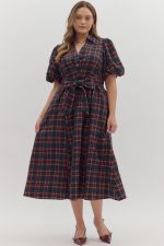 The Avelina Plaid Puff Sleeve Midi Dress combines timeless plaid with romantic puff sleeves and a flattering belted waist.