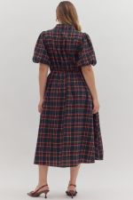 The Avelina Plaid Puff Sleeve Midi Dress combines timeless plaid with romantic puff sleeves and a flattering belted waist.