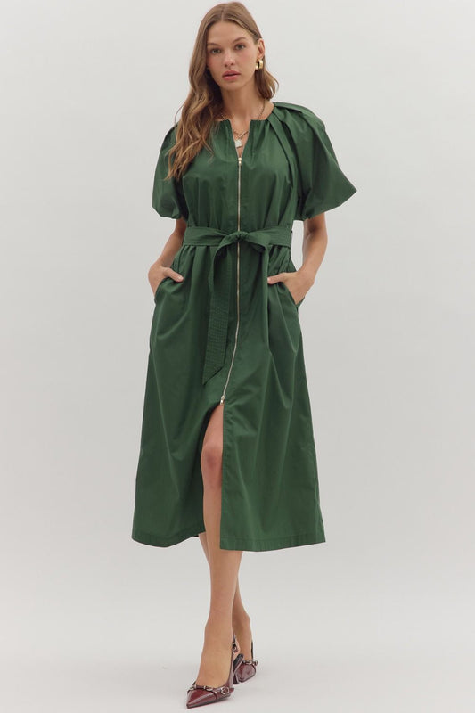 Elegant and versatile, the Odette dress features a gathered neckline, puff sleeves, and a removable self-tie belt for a flattering fit.