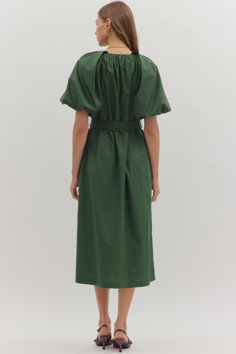 Elegant and versatile, the Odette dress features a gathered neckline, puff sleeves, and a removable self-tie belt for a flattering fit.