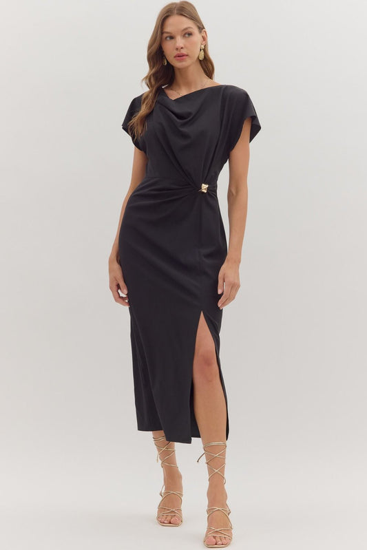 Sleek and flattering, the Odessa midi dress features a softly draped neckline and side ring gathering for a sculpted, event-ready silhouette.