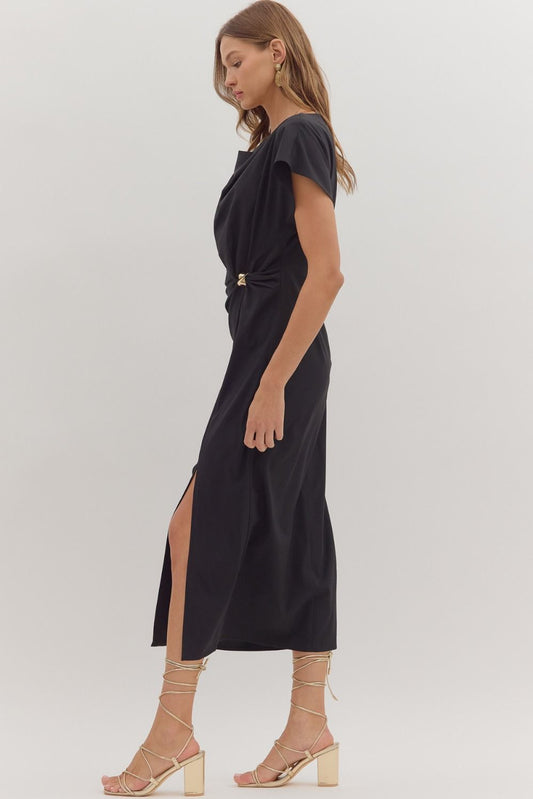 Sleek and flattering, the Odessa midi dress features a softly draped neckline and side ring gathering for a sculpted, event-ready silhouette.
